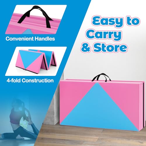 Giantex 4'x8' Gymnastics Mat, 2" Thick Folding Tumbling Mat with Carrying Handles, Foldable Gym Mat with Hook and Loop Fastener, Cheer Mats for Kids Adults Home Exercise Aerobics Fitness - color: Rose/Blue
