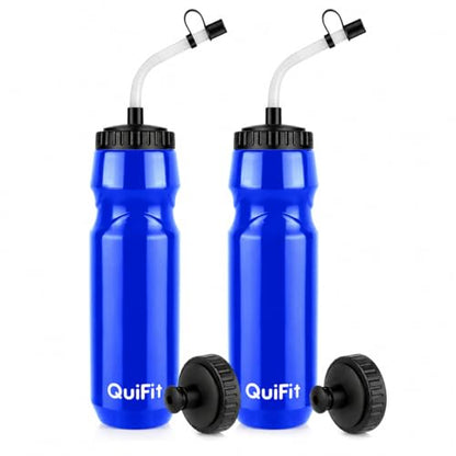 QuiFit Lacrosse Water Bottle with Long Straw -32oz Hockey Water Bottle 2 Pack with 2 Lids Each- BPA Free Squeeze Sports Water Bottles, Leakproof Dishwasher Safe- for Helmet,Lacrosse (Blue) - color: Blue