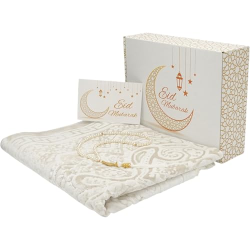 Modefa Muslim Prayer Rug Islam - Ramadan Gifts Set with Prayer Mat & Tasbih Prayer Beads - Soft Plush Islamic Gifts for Women Muslim Gifts for Men - Luxury Velvet Gift Box Set (Paisley Vanilla White) - color: White