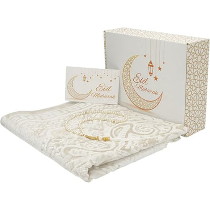 Modefa Muslim Prayer Rug Islam - Ramadan Gifts Set with Prayer Mat & Tasbih Prayer Beads - Soft Plush Islamic Gifts for Women Muslim Gifts for Men - Luxury Velvet Gift Box Set (Paisley Vanilla White) - color: White