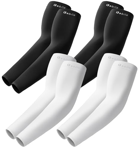 Bebila Arm Sleeves for Men Women, UV Sun Protection Cooling Compression Outdoor - color: 2 Black+2 White, size: Medium