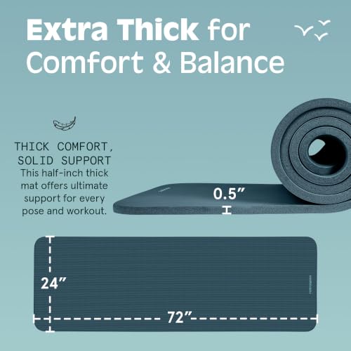 Retrospec Solana Yoga Mat Thick 1/2in Non-Slip Workout Mat with Nylon Strap - 72x24in Exercise Mat for Pilates, Stretching & Fitness - BPA Free, Easy Clean - color: Ocean Blue