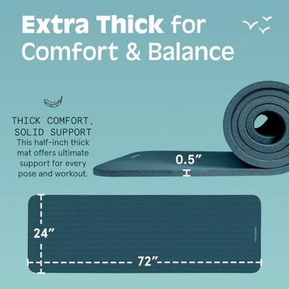 Retrospec Solana Yoga Mat Thick 1/2in Non-Slip Workout Mat with Nylon Strap - 72x24in Exercise Mat for Pilates, Stretching & Fitness - BPA Free, Easy Clean - color: Ocean Blue