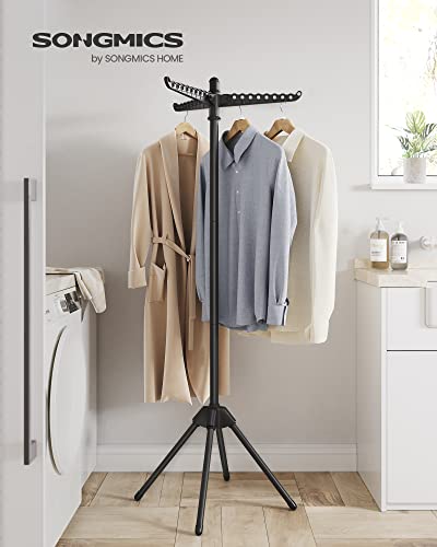 SONGMICS 의류 건조대, 149.9cm(59인치) 접이식 세탁 건조대, 행거용 회전 가능한 팔 3개, 다리 4개, 스테인리스 스틸, 옷 27피스용, 블랙 ULLR510B01 - color: 블랙., style: 1단