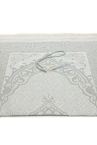 ihvan online Muslim Prayer Rug with 99 Beads Tasbih & Travel Bag, Soft Taffeta Sajadah, Lightweight & Foldable Janamaz, Portable Prayer Mat, Islamic Gift for Eid, Ramadan, Hajj & Umrah, Grey - color: Grey