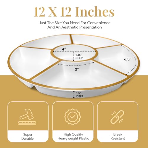 R-kay 4 Pack, 6 Sectional White Plastic Serving Trays For Party With Gold Rim - Heavy Duty Gold Party Trays For Serving Food - 12 Inch Platters - color: White And Gold