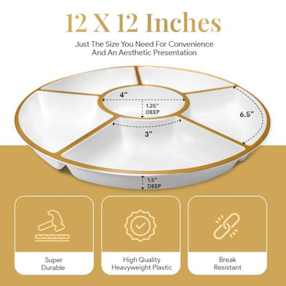 R-kay 4 Pack, 6 Sectional White Plastic Serving Trays For Party With Gold Rim - Heavy Duty Gold Party Trays For Serving Food - 12 Inch Platters - color: White And Gold
