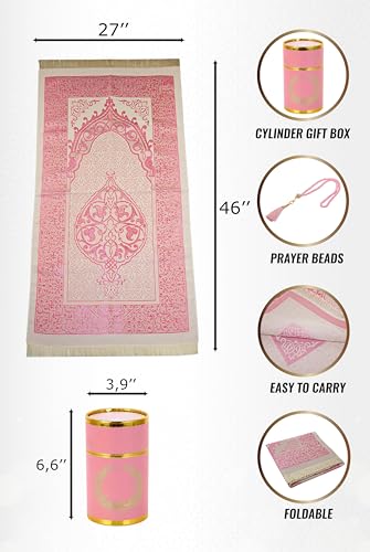 ihvan online Muslim Prayer Rug and Prayer Beads with Elegant Design Cylinder Gift Box, Janamaz, Soft Sajadah, Islamic Gifts Set, Portable Prayers Carpet Mat, Taffeta Fabric, Pink - color: Pink
