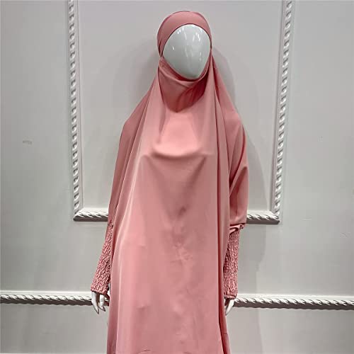 Women Muslim 2 Set Solid Color Plus Long Sleeve Thobe One-size Longuette Overall Abaya Thobe with Hoodied Hijab - color: Pink