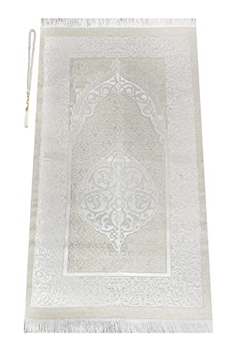 ihvan online Muslim Prayer Rug and Prayer Beads with Elegant Design Cylinder Gift Box, Janamaz, Soft Sajadah, Islamic Gifts Set, Portable Prayers Carpet Mat, Taffeta Fabric, White - color: White