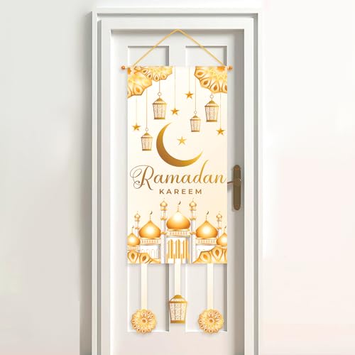Eid Mubarak Ramadan Hanging Door Decoration for Home Outdoor-White Gold Moon Lantern Hanging Banner for Ramadan Decorations, 2026 Eid Mubarak Party,Passover - color: white gold