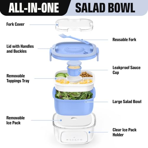 Salad Container with Ice Pack & Handle, 6.8 Cup / 1600ml Large Portable Salad Bowl Lunch Box with Lid, Fork Holder & Sauce Cup, 4-Compartment Removable Tray Meal Prep Bento Box, Blue - color: Blue