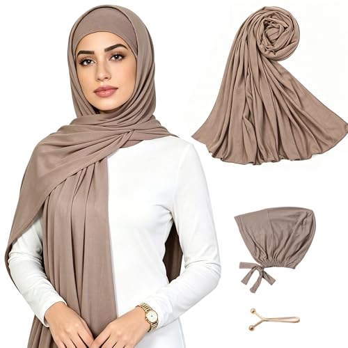 Hijab Scarf for Women, 3PCS Set with Undercap and Hijab Clip Lightweight Modal Muslim Head Wrap Scarf for Daily - color: Sy15-khika Hijab+khika Undercap