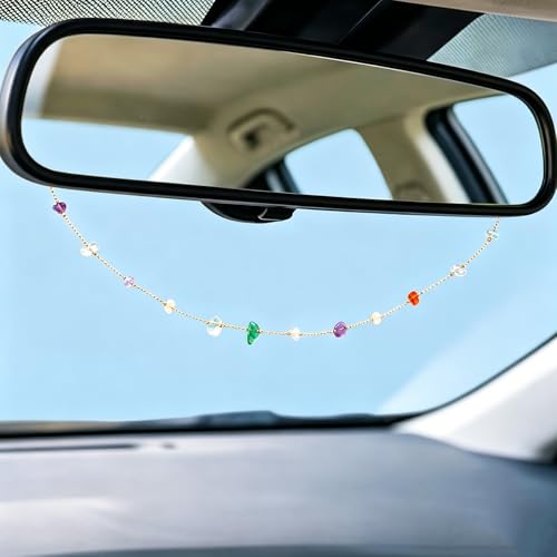 Natural Stone Rearview Mirror Charm Boho Aesthetic Colorful - color: Colored Crystal Stone