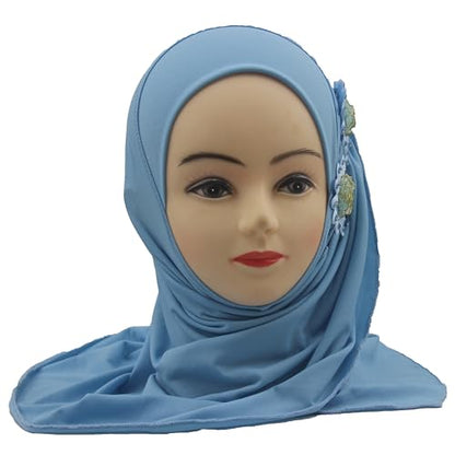Soft Instant Hijab for Kids Girls Muslim Headscarf Islamic Scarf Shawl Wrap with Flowers - color: Sky Blue-2 Flowers
