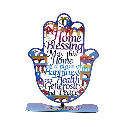 Metal Hamsa English Home Blessing 9.5" with Colorful Motif - Good Luck Hamsa Hand Wall Hanging Decor, Evil Eye Protection Amulet - color: Set 24