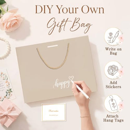 ANZNKU 2PCS Gift Bags Medium with Handles 4 Tissue Paper 2 Ribbons 2 Cards, Gift Wrap Bags for Women Wedding Bridal Baby Shower Birthday Graduation Engagement Presents Party Favors (Champagne Beige) - color: Champagne Beige