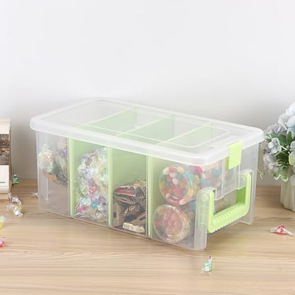 BTSKY Clear Plastic Dividing Storage Box with 4 Deep Compartment Sewing Box | 13.9x7.9x6.2 Inches Adjustable Storage Bin with Lid Portable Craft Container Multipurpose Art Supply Organizer Green - size: 13.9x7.9x6.2 Inches-Green