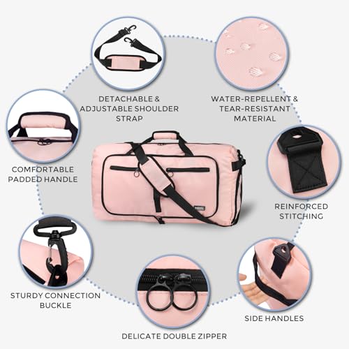 Fmeida 65L Duffle Bag with Shoes Compartment, Foldable Travel Duffel Bags for Men Women, Large Packable Travel Bag Water Repellent & Tear Resistant (Light Pink) - color: Glossy Light Pink