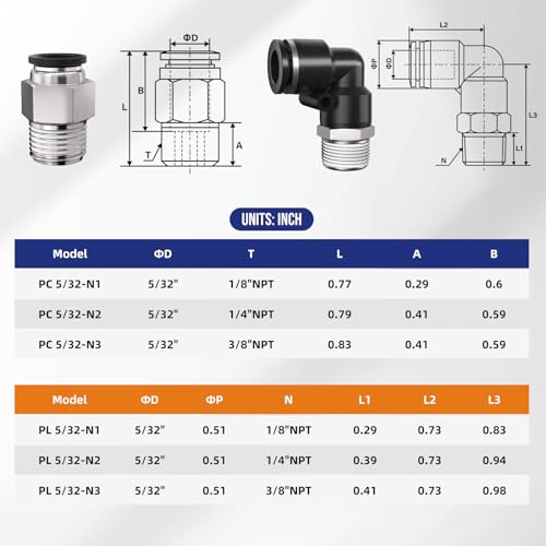 1/4 Push to Connect Fittings npt Thread to 5/32 Air Line quick | Pneumatic Tubing Hose 5/32 OD Tube to 1/4 npt, Male Elbow 90 Degree Straight Coupler - size: 5/32"OD x 1/4"NPT