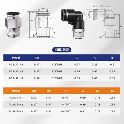 1/4 Push to Connect Fittings npt Thread to 5/32 Air Line quick | Pneumatic Tubing Hose 5/32 OD Tube to 1/4 npt, Male Elbow 90 Degree Straight Coupler - size: 5/32"OD x 1/4"NPT