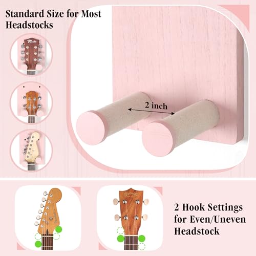 Keebofly 2-Pack Guitar Wall Mount Hanger with Shelf & Pick Holder - Wood Wall Hook for Acoustic, Electric, Bass Guitars, Ukulele (Screw-Mounted, Pink) [Patented] - color: 2 Pack_Pink