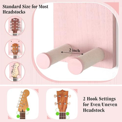Keebofly 2-Pack Guitar Wall Mount Hanger with Shelf & Pick Holder - Wood Wall Hook for Acoustic, Electric, Bass Guitars, Ukulele (Screw-Mounted, Pink) [Patented] - color: 2 Pack_Pink