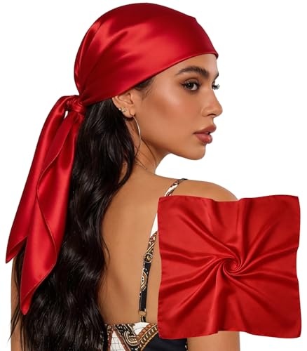 Sumolux Head Hair Scarf for Women 35" Like Satin Silk Scarf Hair Wrapping Night Bandana Large Square Scarves - color: A Solid Red
