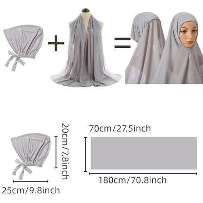 Yeieeo Instant Chiffon Hijab with Undercap (Tube or Bandage Cap), Breathable, no sweat buildup,Solid Chiffon Head Wraps - color: Gray