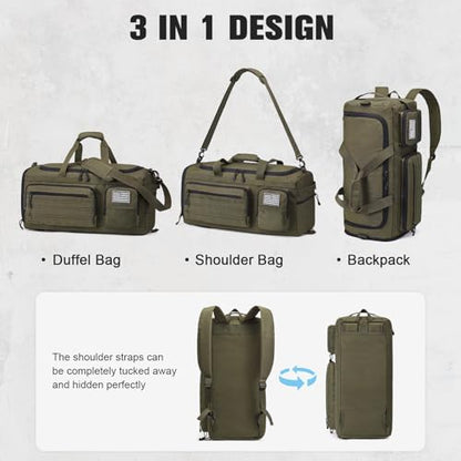 G4Free 3-in-2 Duffle Bag Travel Gym Sports, Large Tactical Duffel Backpack | 50L/65L with Shoes Compartment and Wet Pocket, Military Workout Bag for Men and Women, Dark Tan - color: Dark Tan