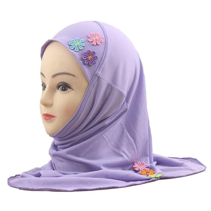 Girls Instant Hijab – Soft Kids Muslim Scarf with Flower, Breathable One-Piece Headscarf for Toddlers Age 2-8 - color: Lavander
