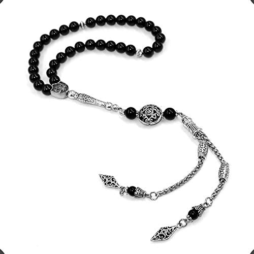 Design - Long & Stylist Tassels Worry Beads - Prayer Beads (8 mm-33 Beads) Tesbih-Tasbih-Tasbeeh-Misbaha-Subha-Sebha-Sibha-Rosary (Shiny Natural Round Agate Stone) - color: Shiny Natural Round Agate Stone