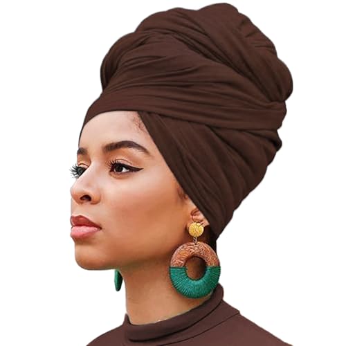 XTREND 1 Piece Head Wrap Jersey Turban Urban Hairband Scarf Fashion Headband Solid Color Breathable Soft Extra Long Head Band Tie for Women (Dark Brown) - color: Z1 Dark Brown