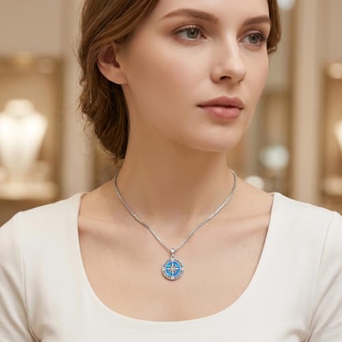 Graduation Gifts for Women 925 Sterling Silver Compass/Graduation/Vet/Cross/Stethoscope Necklace for Women - color: Compass-Blue Opal