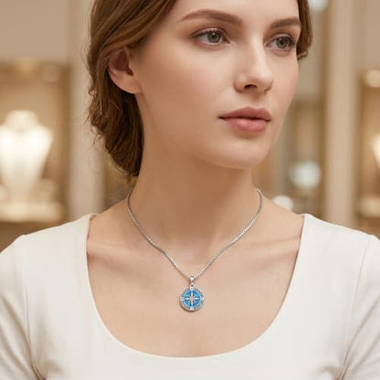 Graduation Gifts for Women 925 Sterling Silver Compass/Graduation/Vet/Cross/Stethoscope Necklace for Women - color: Compass-Blue Opal