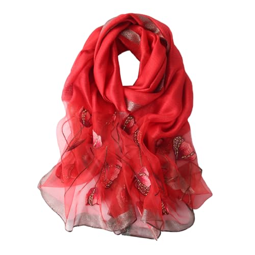 Purple Silk Scarf and Shawl - Elegant Embroidered Silk Scarf - color: Red