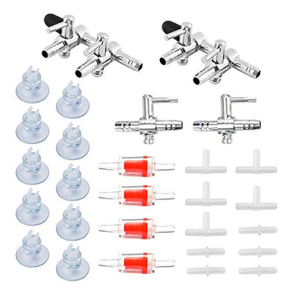 2 PCS 1-Way and 2 PCS 2-Way Air Flow Control Lever Valve Distributor Splitter Aquarium Air Pump Accessories, 4 Check Valves and 10 Fish Tank Suction Cups, 5 T and 5 Straight Connector