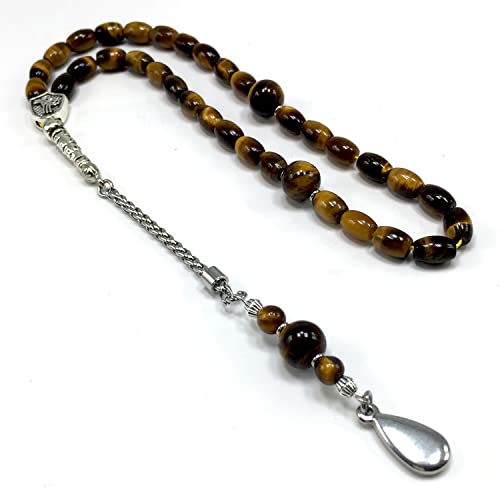Design -Tiger Eye Stone Series Worry Beads - Prayer Beads (8 mm-33 Beads) Tesbih-Tasbih-Tasbeeh-Misbaha-Masbaha-Subha-Sebha-Sibha-Rosary (-Oval Cut Drop Model 6x9 mm-) - color: -Oval Cut Drop Model 6x9 mm-
