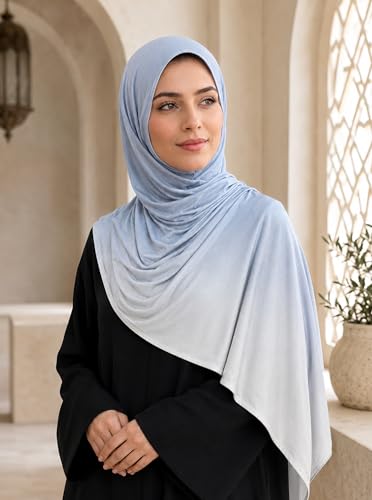 Premium Stretch Cotton Gradient Scarf for Women, Soft Jersey Wrap Shawl, Lightweight Ombre Hijab for Everyday Wear - color: Mctlo2537-lightblue