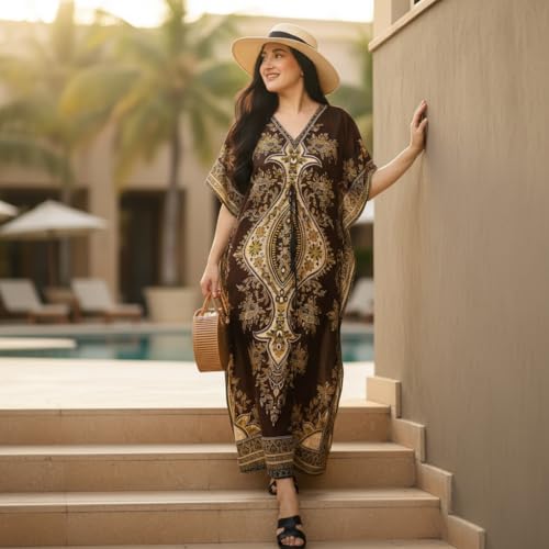 Women's Kaftan Dress – Loose Fit Maxi Gown – Kimono Style Beach Cover Up – Elegant Resort Wear and Nightwear - color: Brown