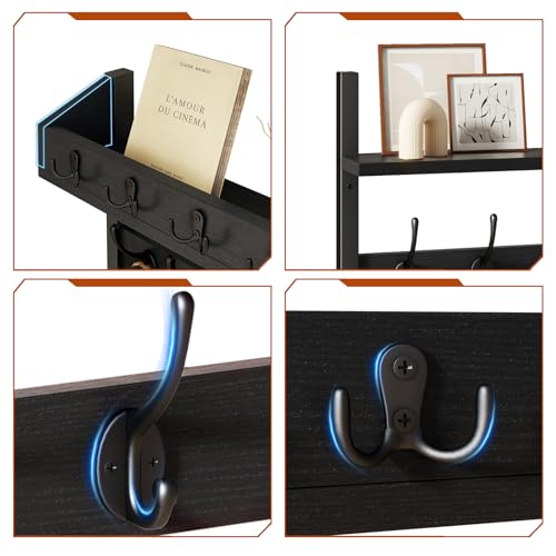YMYNY 31.5" Coat Rack Wall Mount with Shelf, 4 in 1 Key and Coat Hanger with 12 Metal Hooks, Wall Shelf with Hooks & Mail Holder for Living Room, Bedroom, Black, HWS007B-2 - color: Black, size: 31.5" - 4-in-1