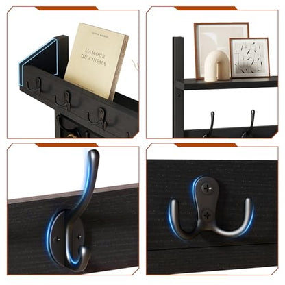 YMYNY 31.5" Coat Rack Wall Mount with Shelf, 4 in 1 Key and Coat Hanger with 12 Metal Hooks, Wall Shelf with Hooks & Mail Holder for Living Room, Bedroom, Black, HWS007B-2 - color: Black, size: 31.5" - 4-in-1