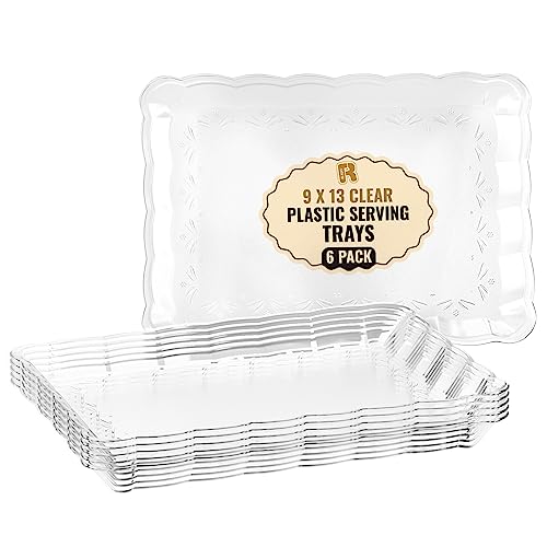 6 Pack Clear Plastic Serving Trays for Party, 9 x 13 Inch - Heavy Duty Plastic Trays for Food - Rectangular Party Serving Trays and Platters - Clear Disposable Trays - color: Clear