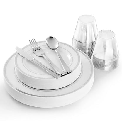 Elama 150 Piece Disposable Plastic Dinnerware Party Set for 25 Guests in White with Silver Trim - color: Silver