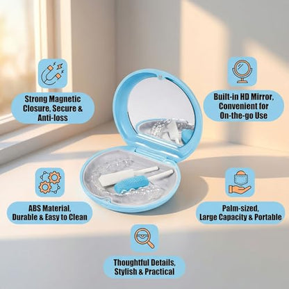 Blue Plastic Round Retainer Case with Mirror Mouth Guard Case Portable Aligner Case Denture False Box Organizer Braces Dental Storage Container for Invisalign