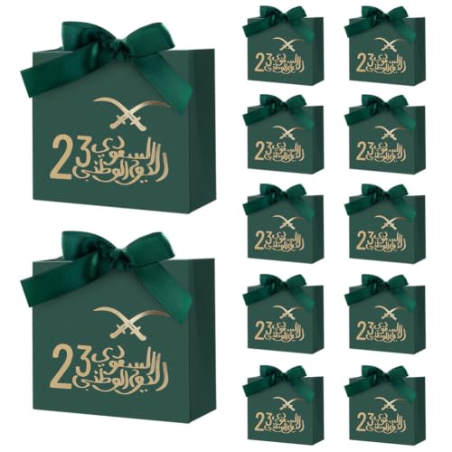 Boerni 12 PCS Saudi National Day Treat Boxes,Green Party Favor Bags with Satin Bow,Gold Arabic Calligraphy & Swords Design Small Candy Gift Box for Eid Mubarak,Saudi Arabia National Day Decorations