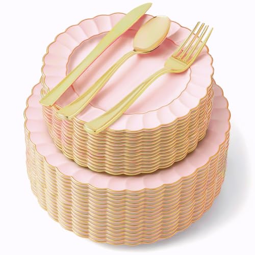 125 Piece Pink & Gold Scalloped Plastic Dinnerware Set with Cutlery, Gold Rim, Party Use - color: Pink Scalloped