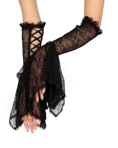 L'VOW Women's 1 Pair Gothic Black Lace Sleeves Witch Gloves Victorian Lace Arm Sleeve Vampire Accessory - color: E Black