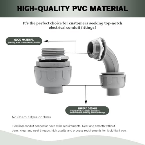4 Pack 1 Inch Liquid Tight Connectors - PVC Electrical Conduit Fittings, Straight, 90 and 180 Degree Non-Metallic Flexible Connectors for Home, Bathroom, and Kitchen, Gray - size: 1 Inch 4-Pack (90D+180D)