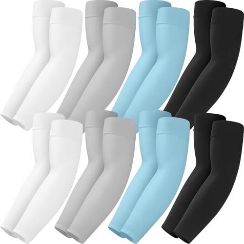 Mochabao 8 Pairs Soft Arm Sleeves, UV Sun Protection Cooling Compression Arm Covers for Outdoor Work, Sports, Men & Women - color: 2 Black + 2 White + 2 Blue + 2 Light Grey